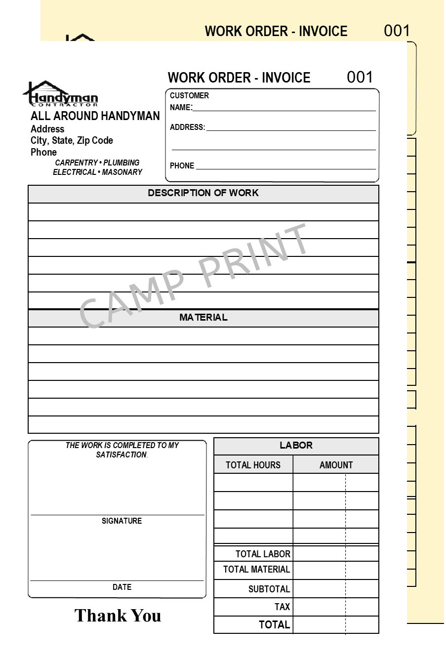 200 HANDYMAN WORK ORDER INVOICE – NUMBERED 2 PART CARBONLESS