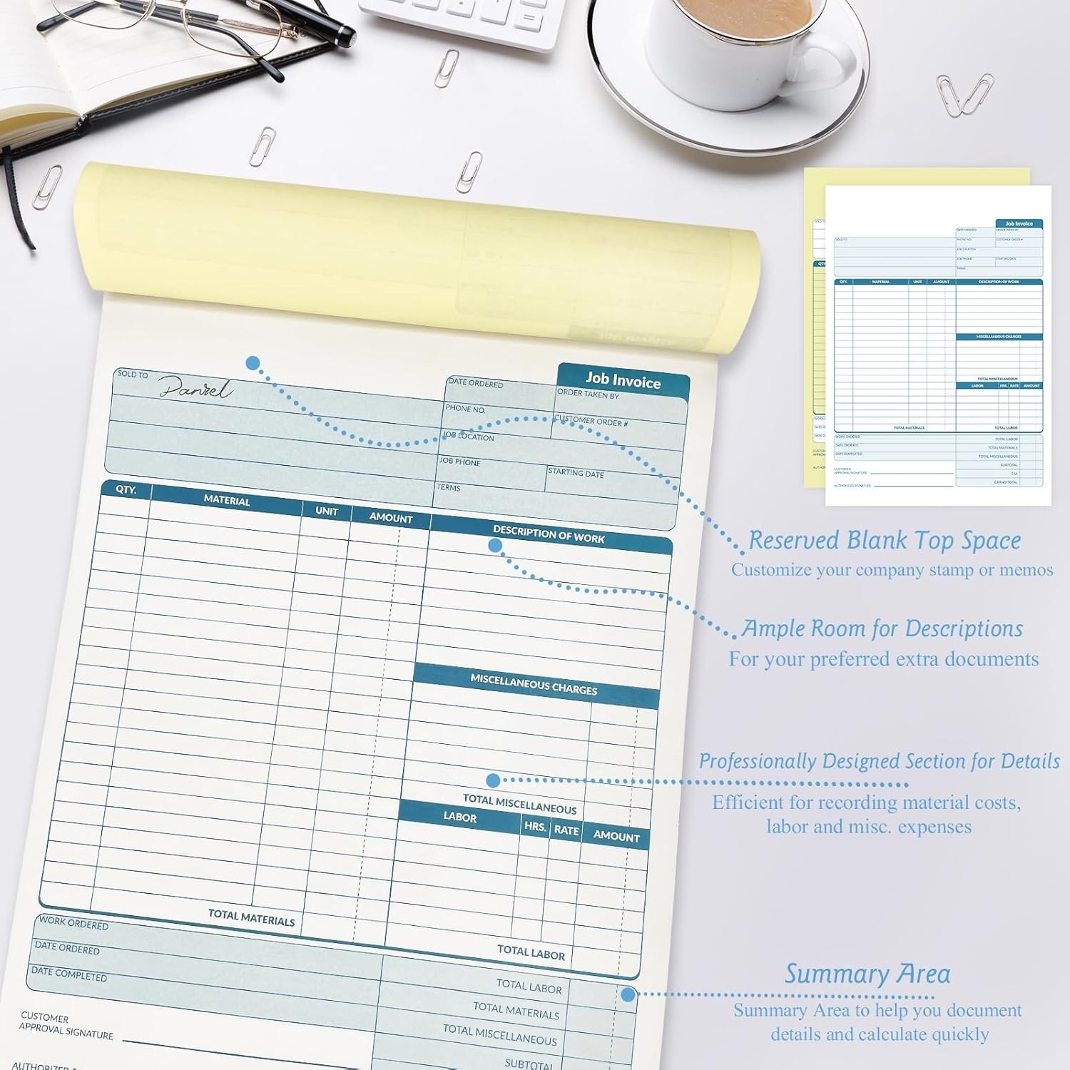 2 Pcs Contractors Invoice Book Carbonless Forms Receipt 8.5 x 11 Inch Work Order