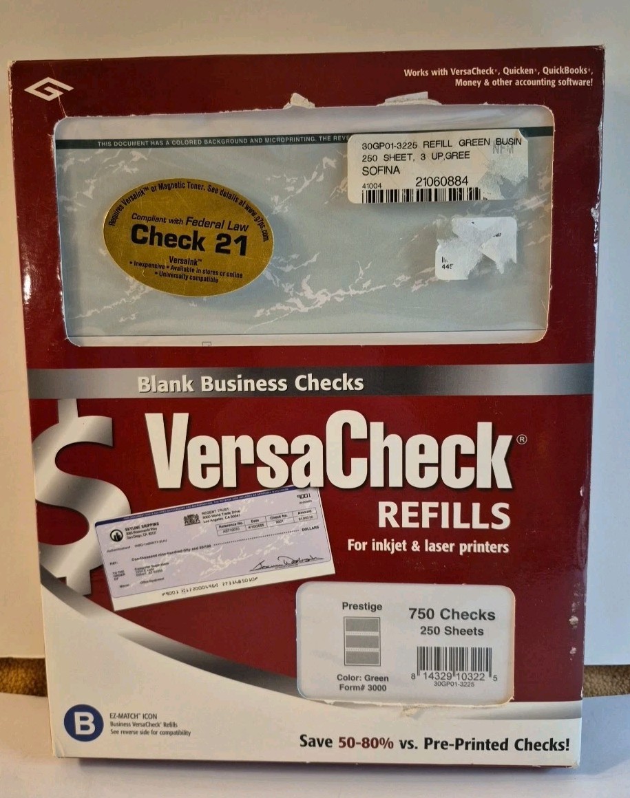 VersaCheck Refill-750 Blank Business Checks/250 Sheets Form #3000 Green Prestige