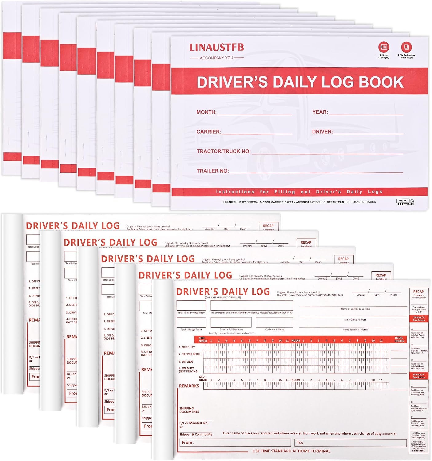 10 Pack Driver’s Daily Log Book Truck Drivers 7 & 8 Day Recap 2-Ply Carbonless