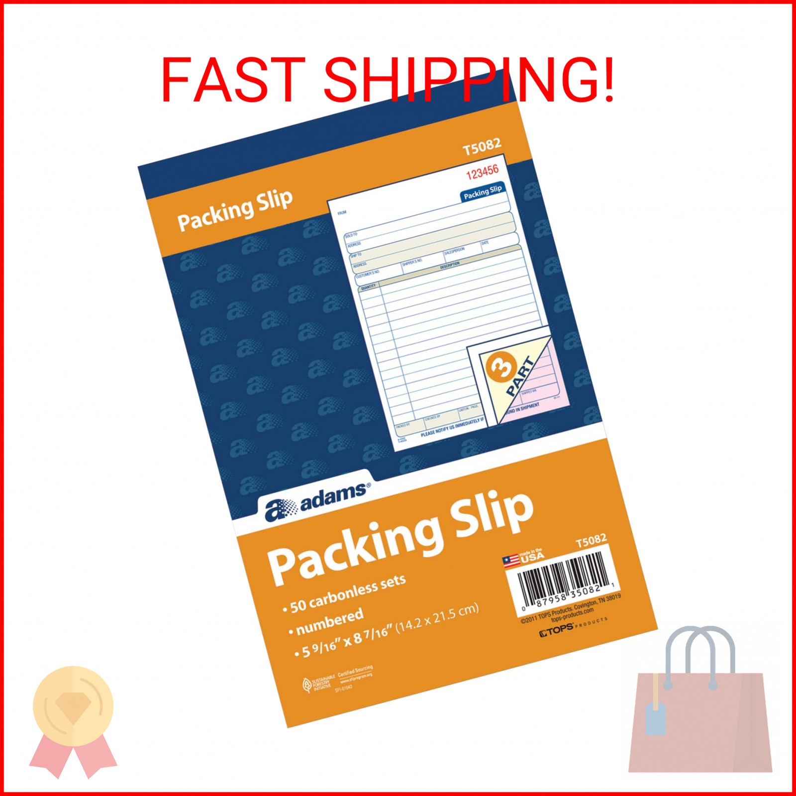 Adams Packing Slip Book, 3-Part, Carbonless, 5-9/16 x 7-5/16 Inches, 50 Sets per