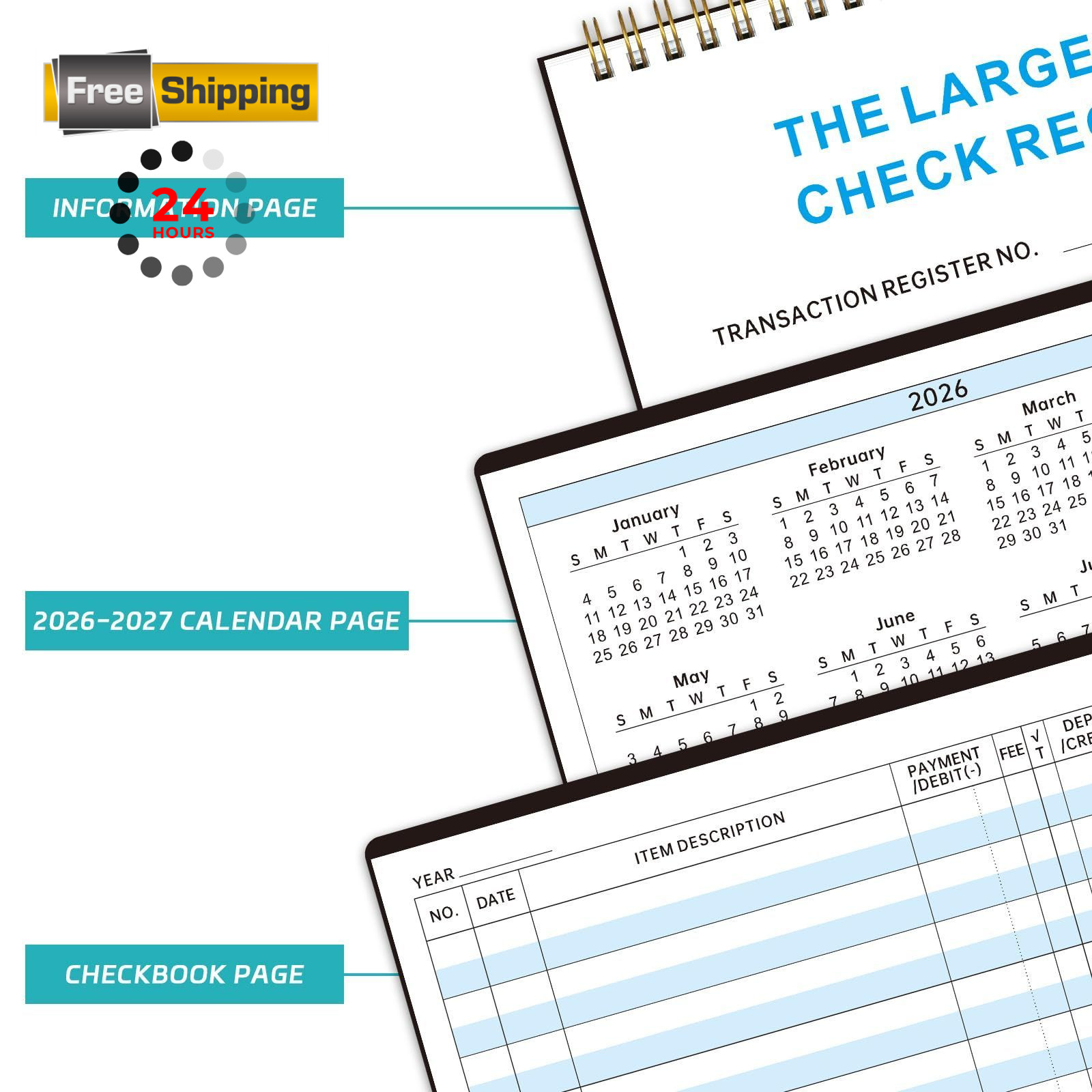 Checkbook Register Book, Large Print Spiral Bound 8.5” x 6” Financial Ledger…