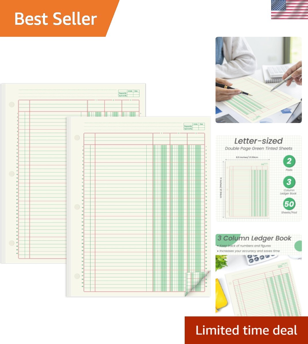 2 Pads 100 Sheets Columnar Analysis Pad 3 Column Ledger 3 Hole Punch Accounti…