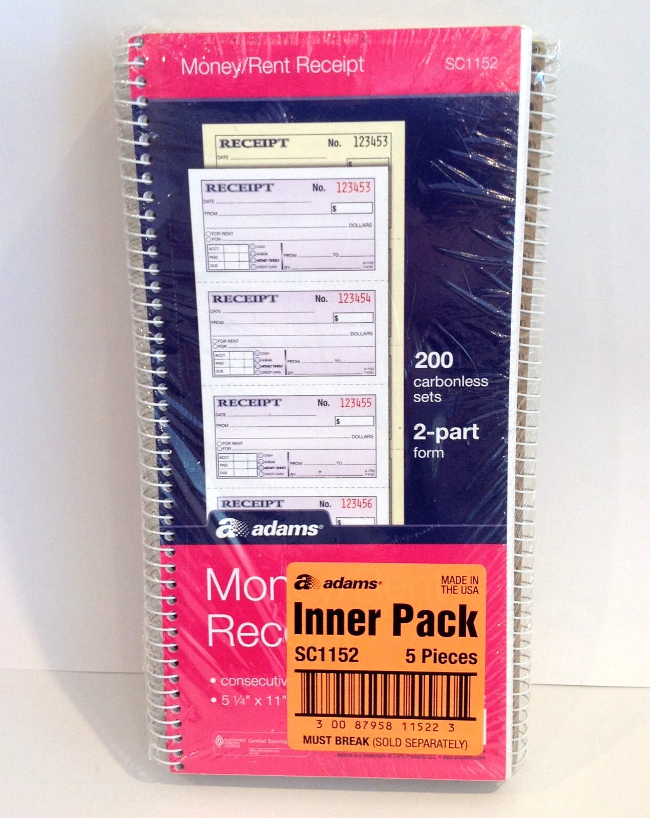 5 Pack Adams Spiral Money Rent Receipt Books 2-Part 5-1/4″ x 11″ SC1152 5PK NEW