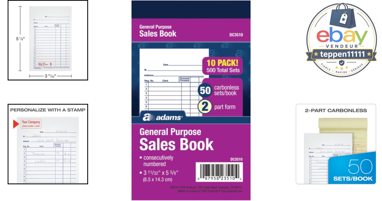 Sales Book Carbonless 2-Part 50 Sets 3-11/32 x 5-5/8 10 Pack
