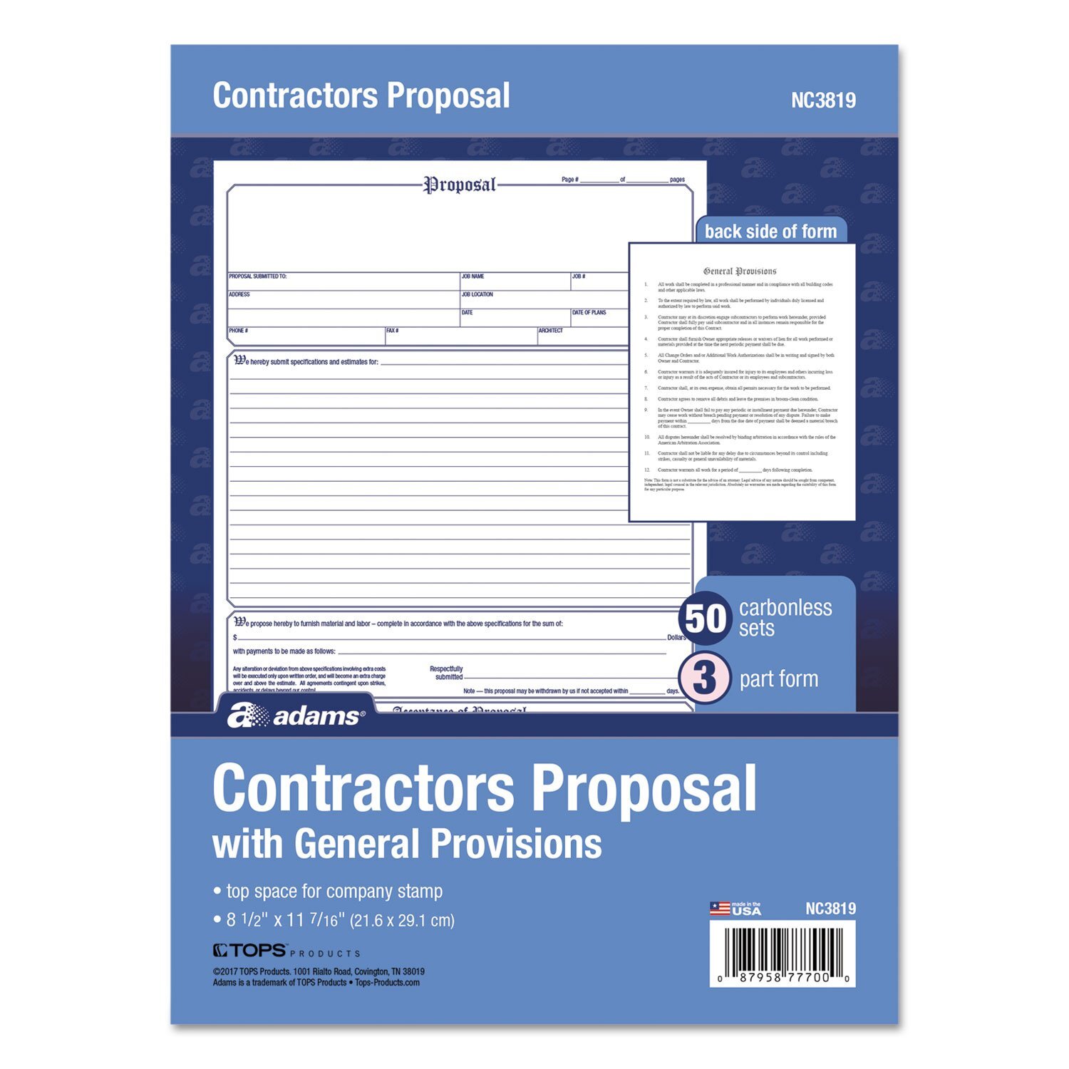 Adams Contractor Proposal Forms 50 Sets 8.5 x 11 Carbonless White Pink