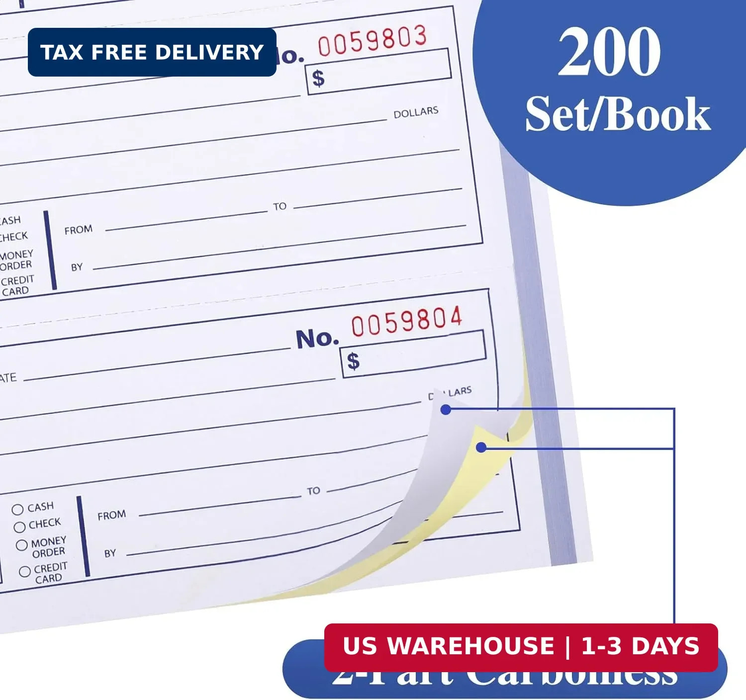 2 Pack Receipt Books with Carbon Copies, Rent Receipt Book, 2-Part Carbonless, 5