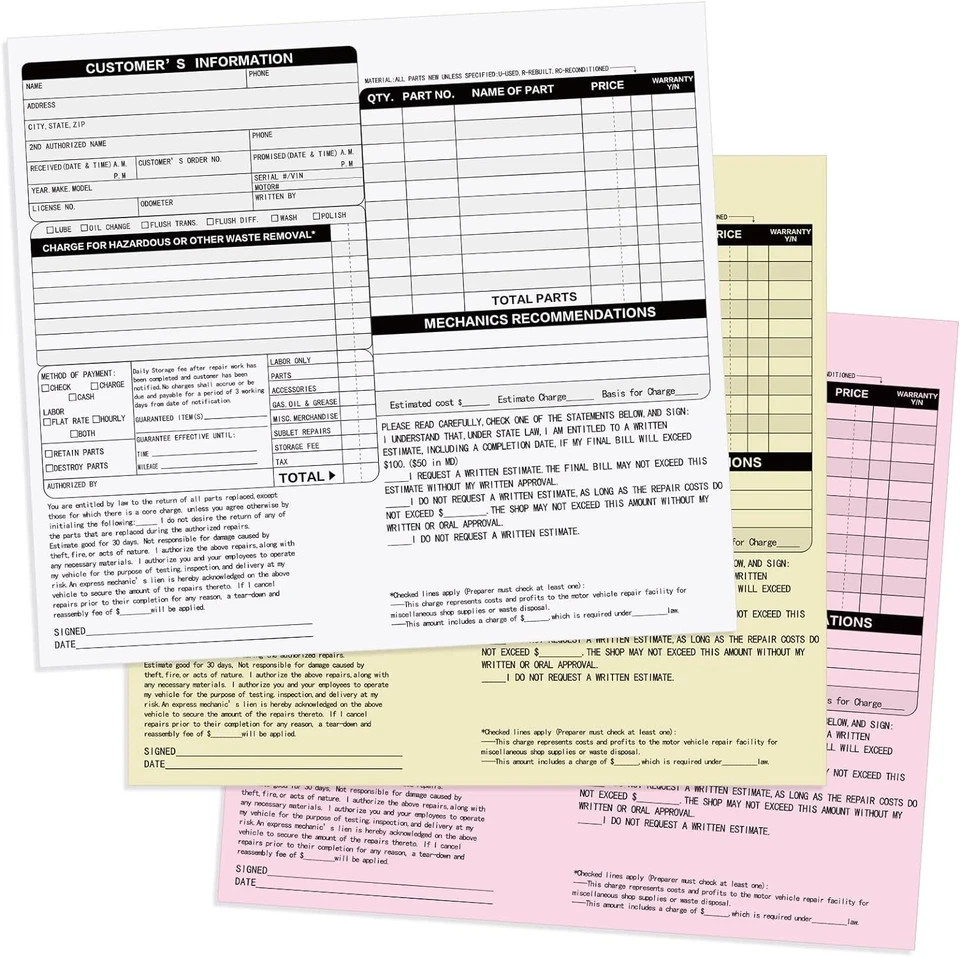 200 Sets Auto Repair Order Forms 3 Part Carbonless Forms with White, Yellow, and