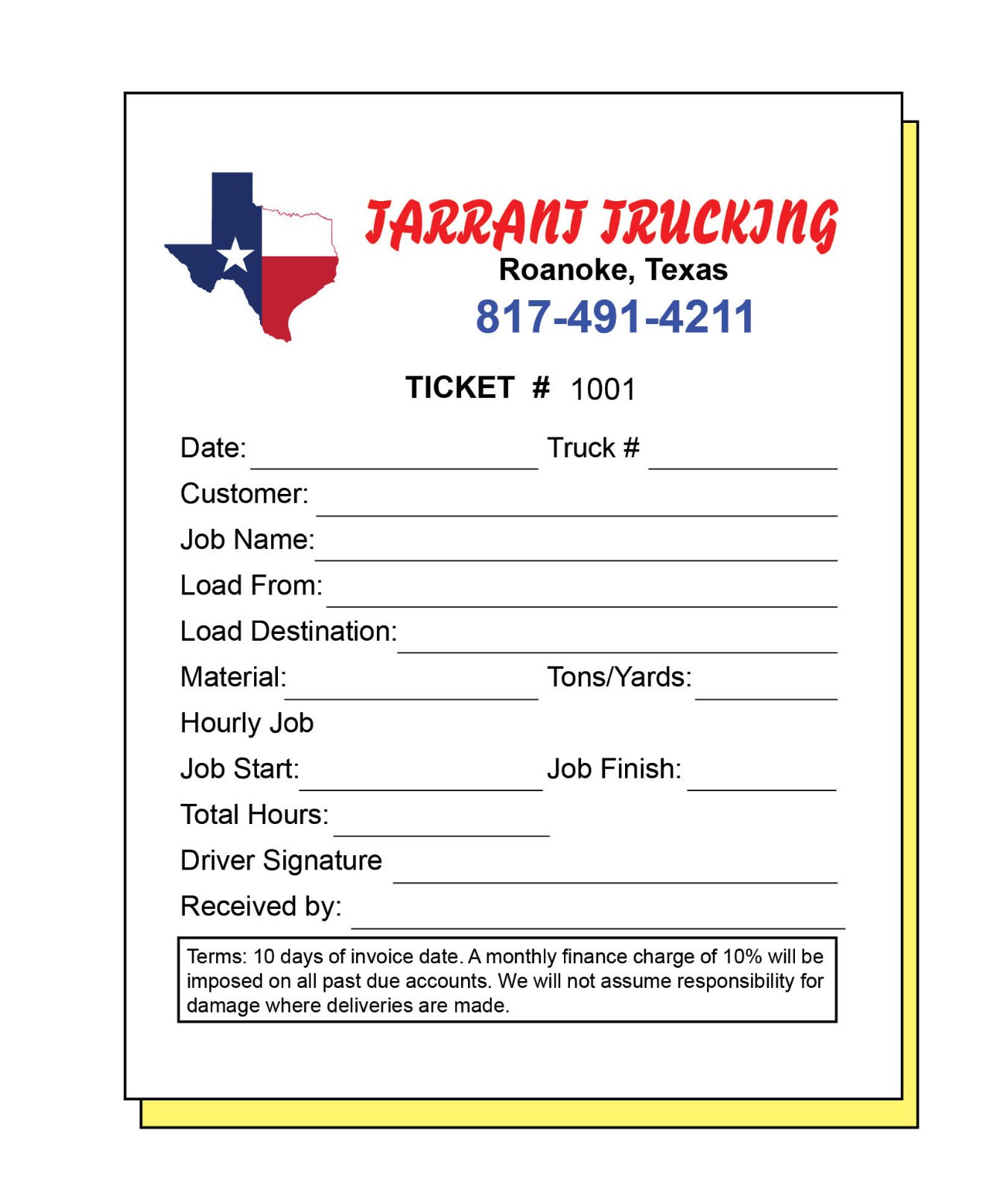 HAULING INVOICE Custom Printed 2 or 3 Part Carbonless Paper