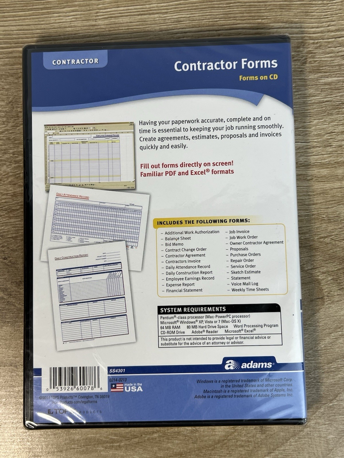 Adams Contractor Forms on CD SS4301 Windows & Macintosh PDF And Excel