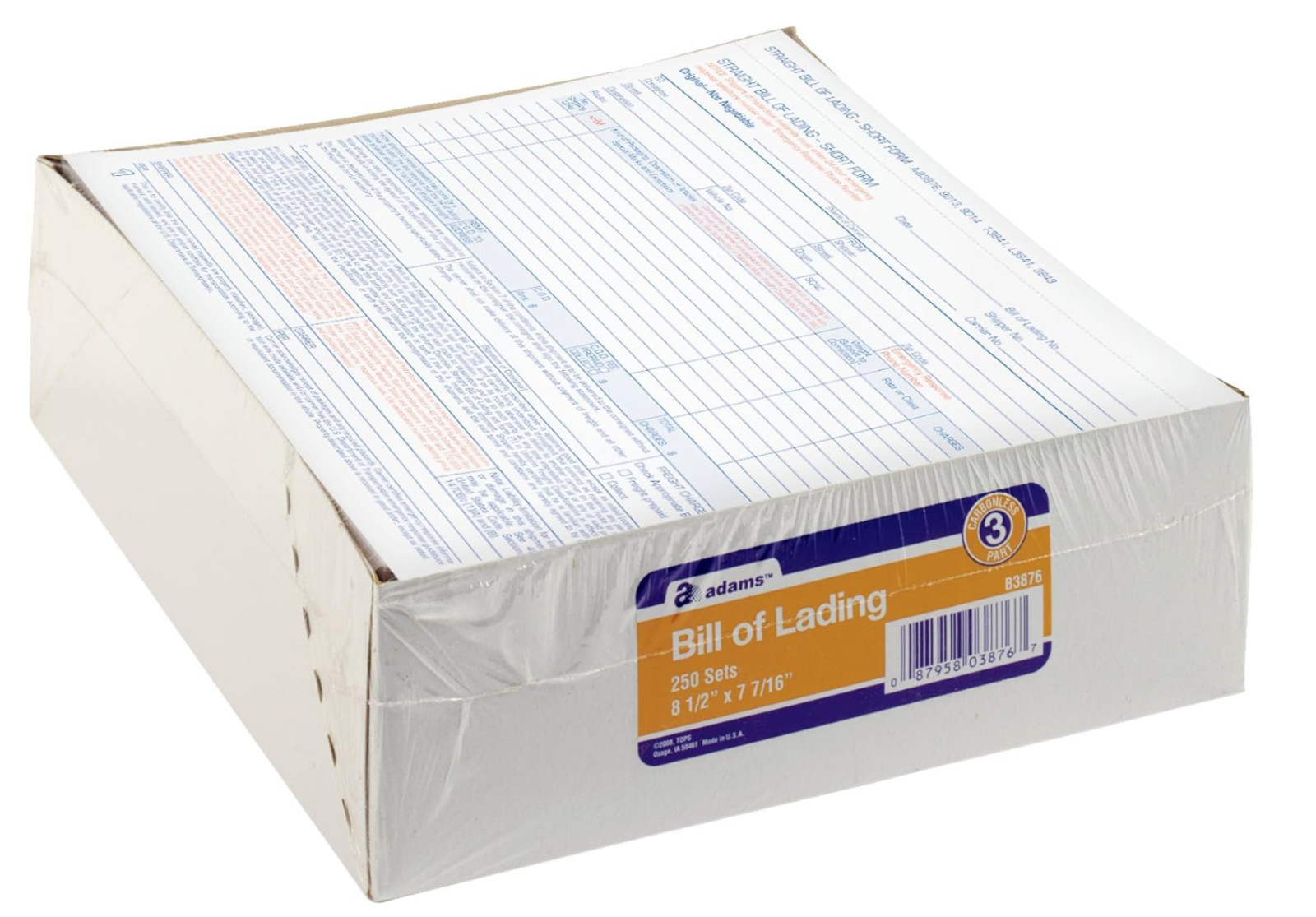 Adams Bill of Lading Short Form, 8-1/2 x 7-7/16 Inches, White, 3-Part, 250-Count