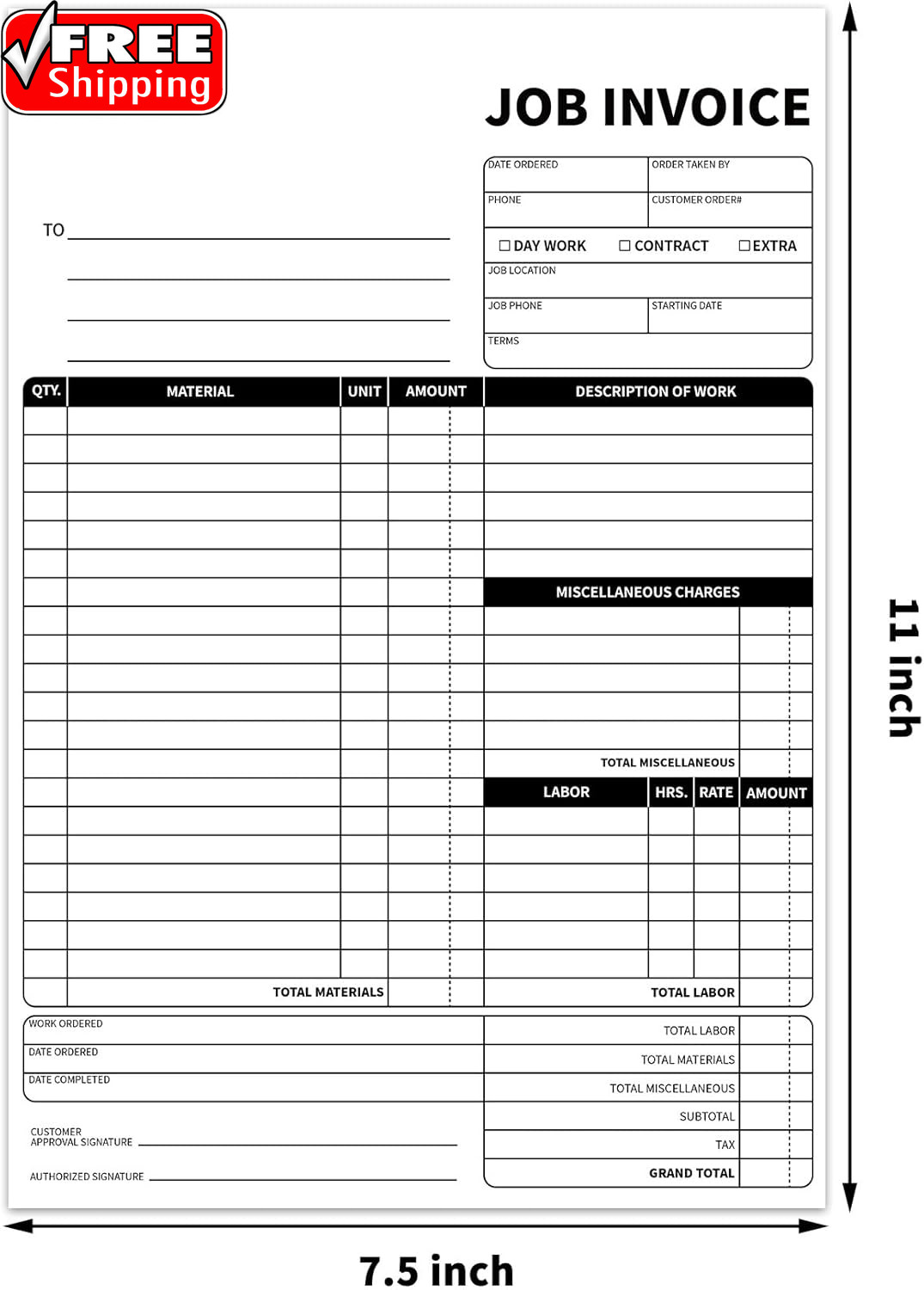 Carbonless Work Order Forms,7.5 X 11 Inches Invoices for Small Business,Sales Or