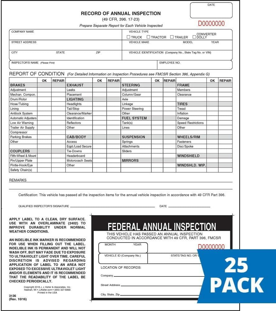 J. J. Keller 25-Pack, Record of Annual Inspection Form with Inspection Label