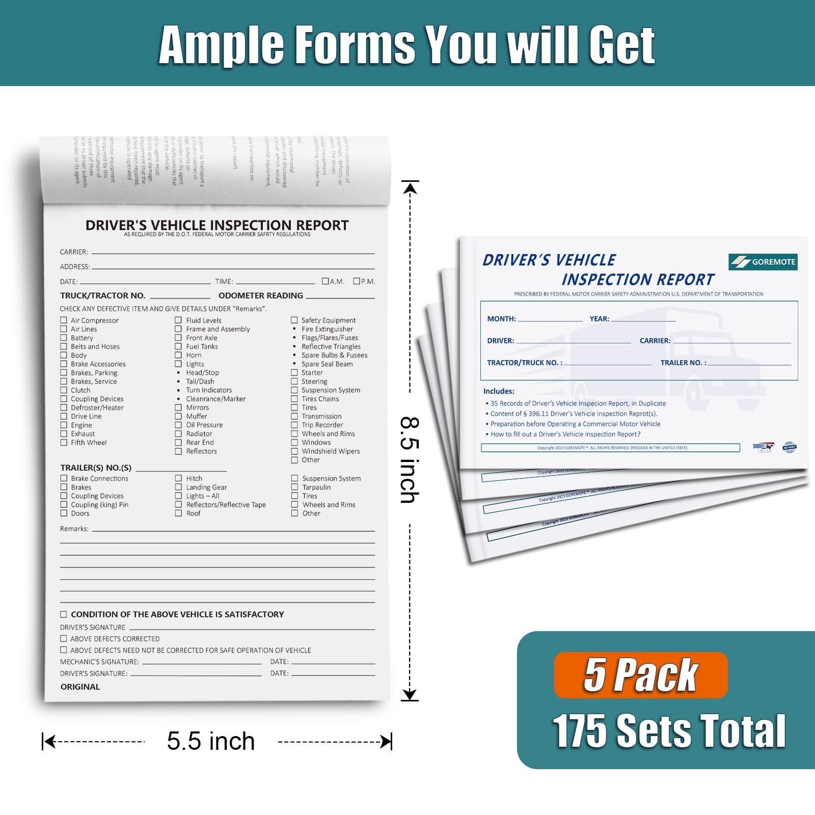 Detailed Driver’s Vehicle Inspection Report, 5 Pack, Daily Pre Trip Inspectio…