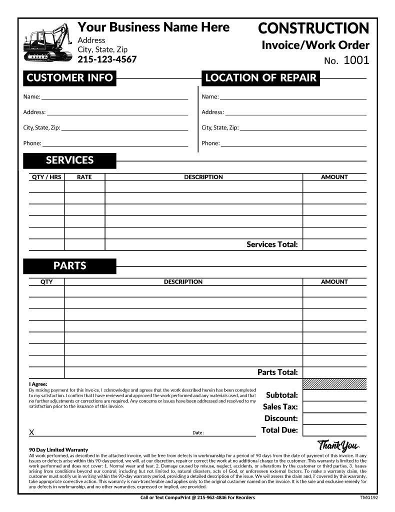Custom Construction Invoice Work Order Form / 8.5 x 11 / 2 or 3 Part / TMG192
