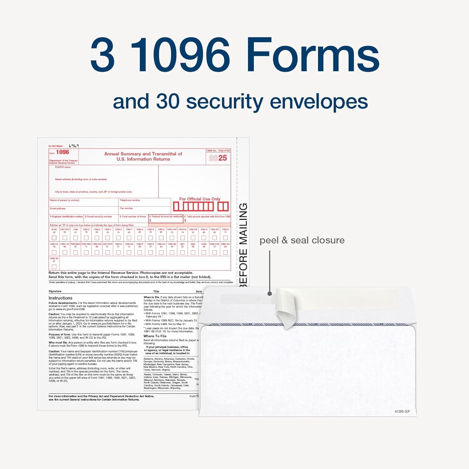 1099 NEC Forms 2025 3-Part Kit 30 Recipients Envelopes 1096 QuickBooksCompatible