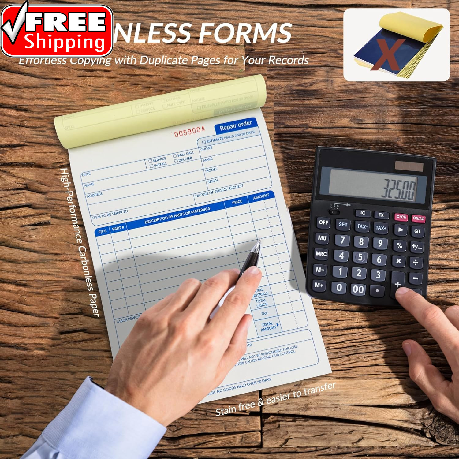 Repair Order Book, 2 Part Carbonless Job Work Order Forms – White/Yellow, 5-7/10