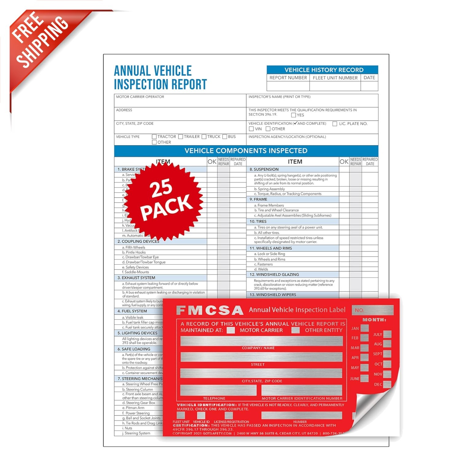 Annual Vehicle Inspection Forms and Stickers 6″x3.5″ – 25 Count, FMCSA Approved