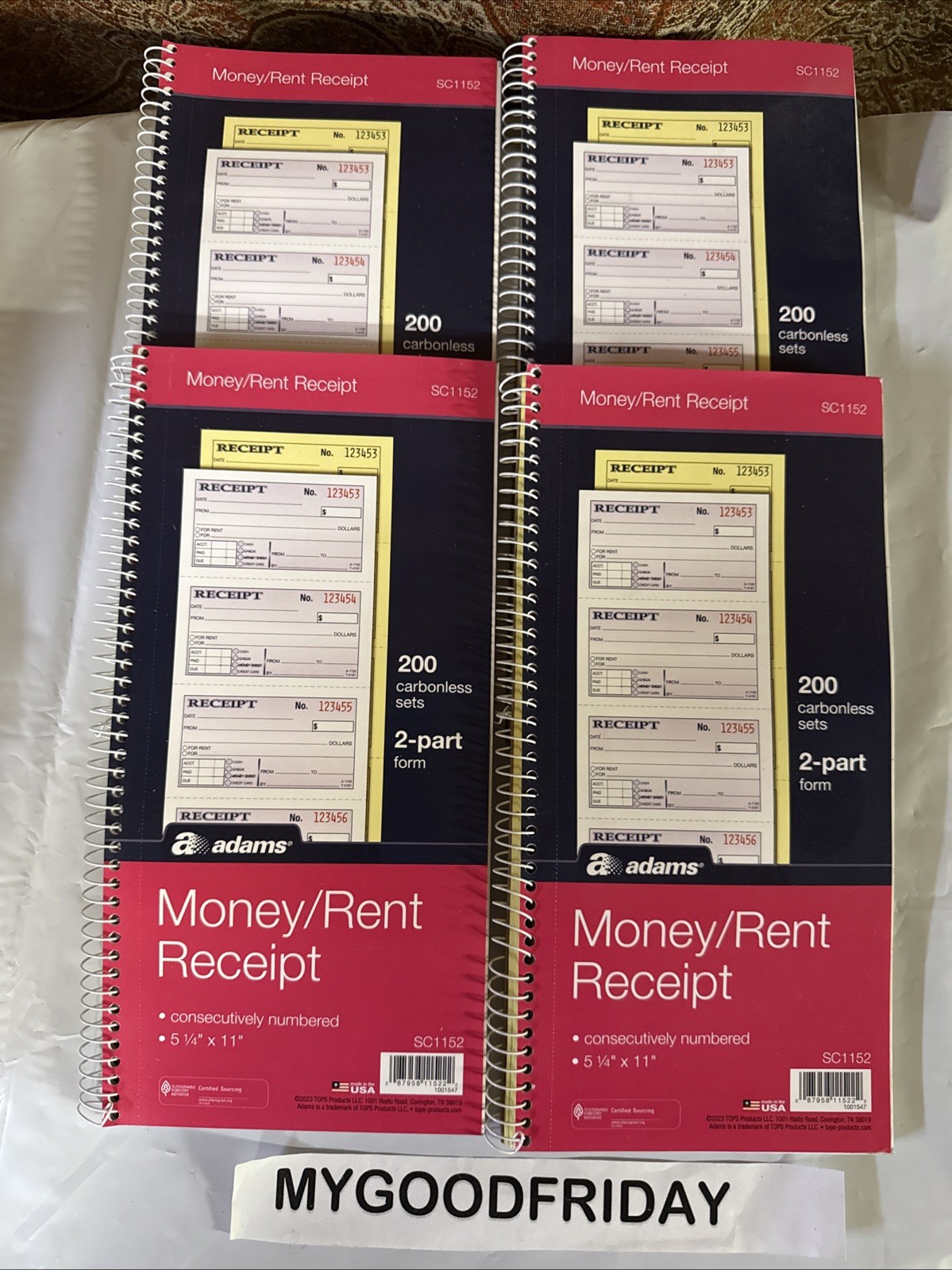 Adams SC1152 4.75 x 2.75 Two-Part Carbonless Money/Rent Receipt Book 4 Pack 200