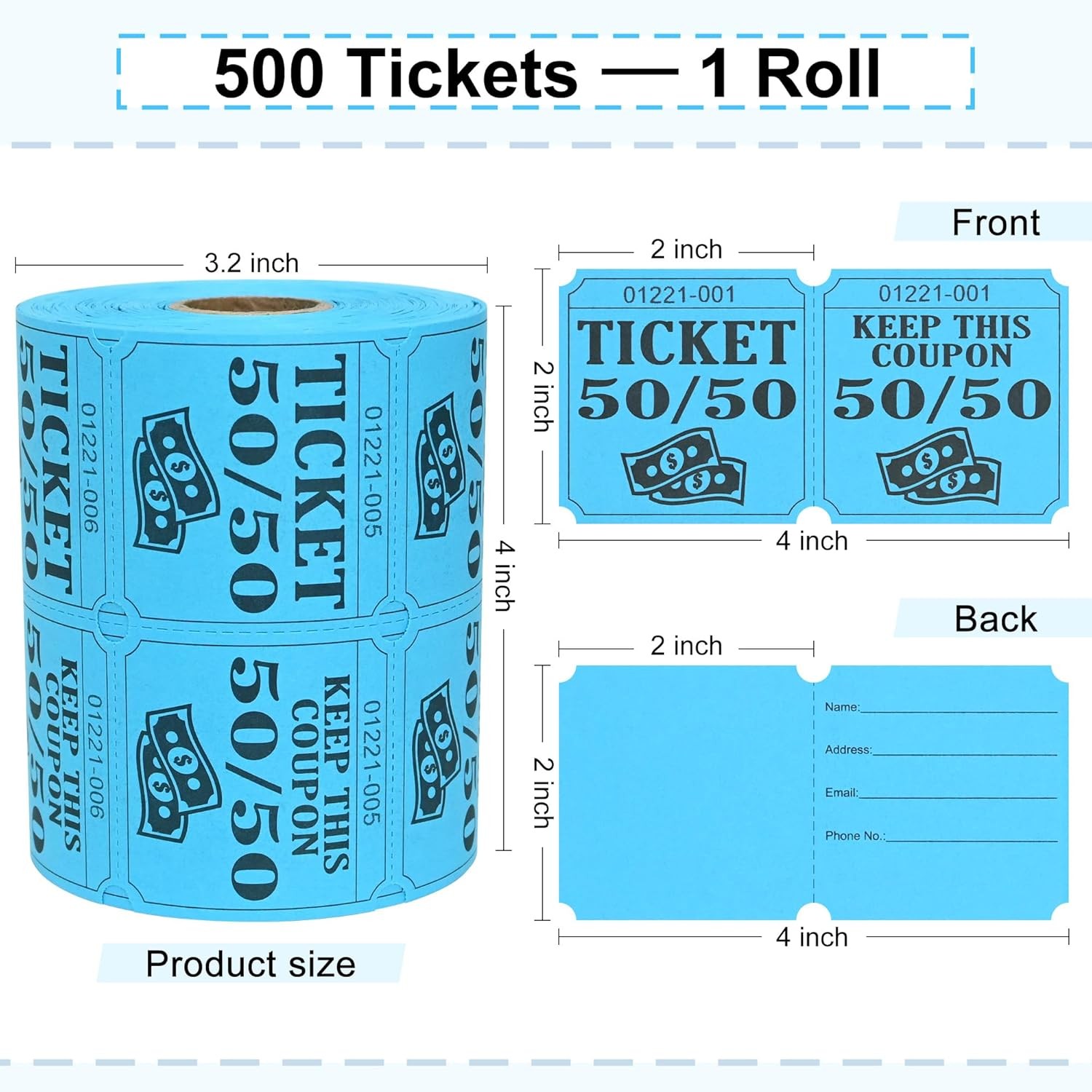 ESSENTIAL 500 Double Roll Raffle Tickets, 50/50 Cards, 4″x2″, Blue