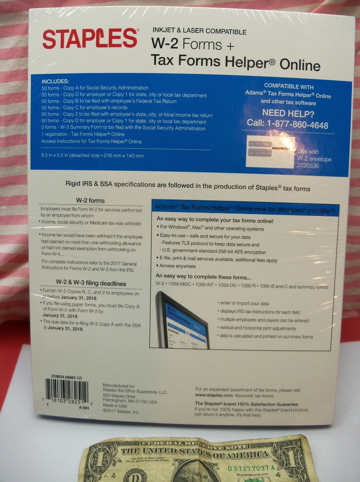 Staples 2017 Tax Forms Helper Online W-2 Forms Kit 50 6 Part Sets Filing USA W2