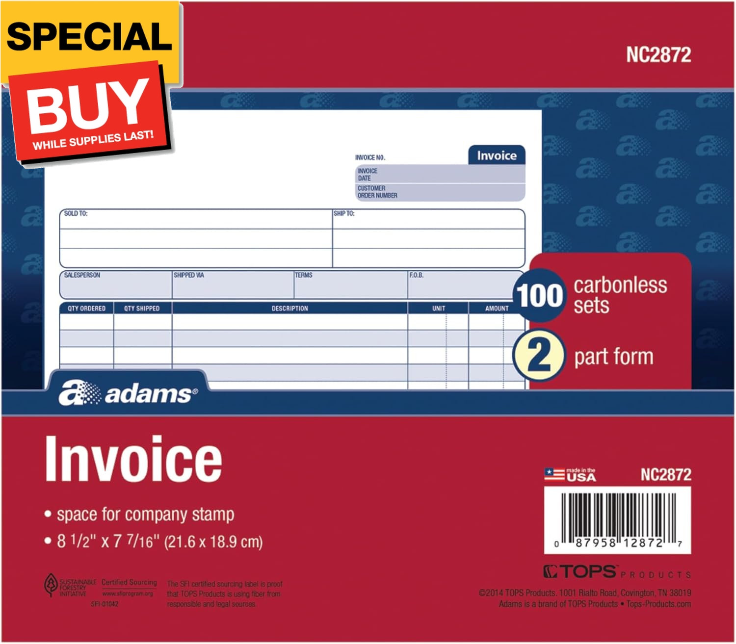Invoice Book, 2-Part Carbonless, 8-1/2″ x 7-7/16″, 50 Sets per Book (NC2872), Wh