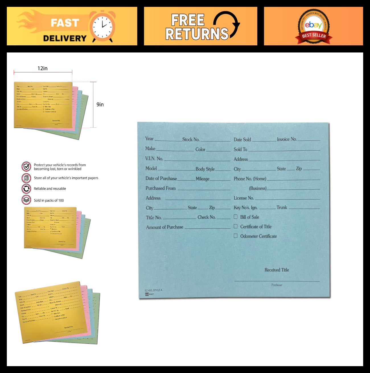 Vehicle Deal Record Envelopes 9×12 – 100 Pack Light Blue Printed Jackets