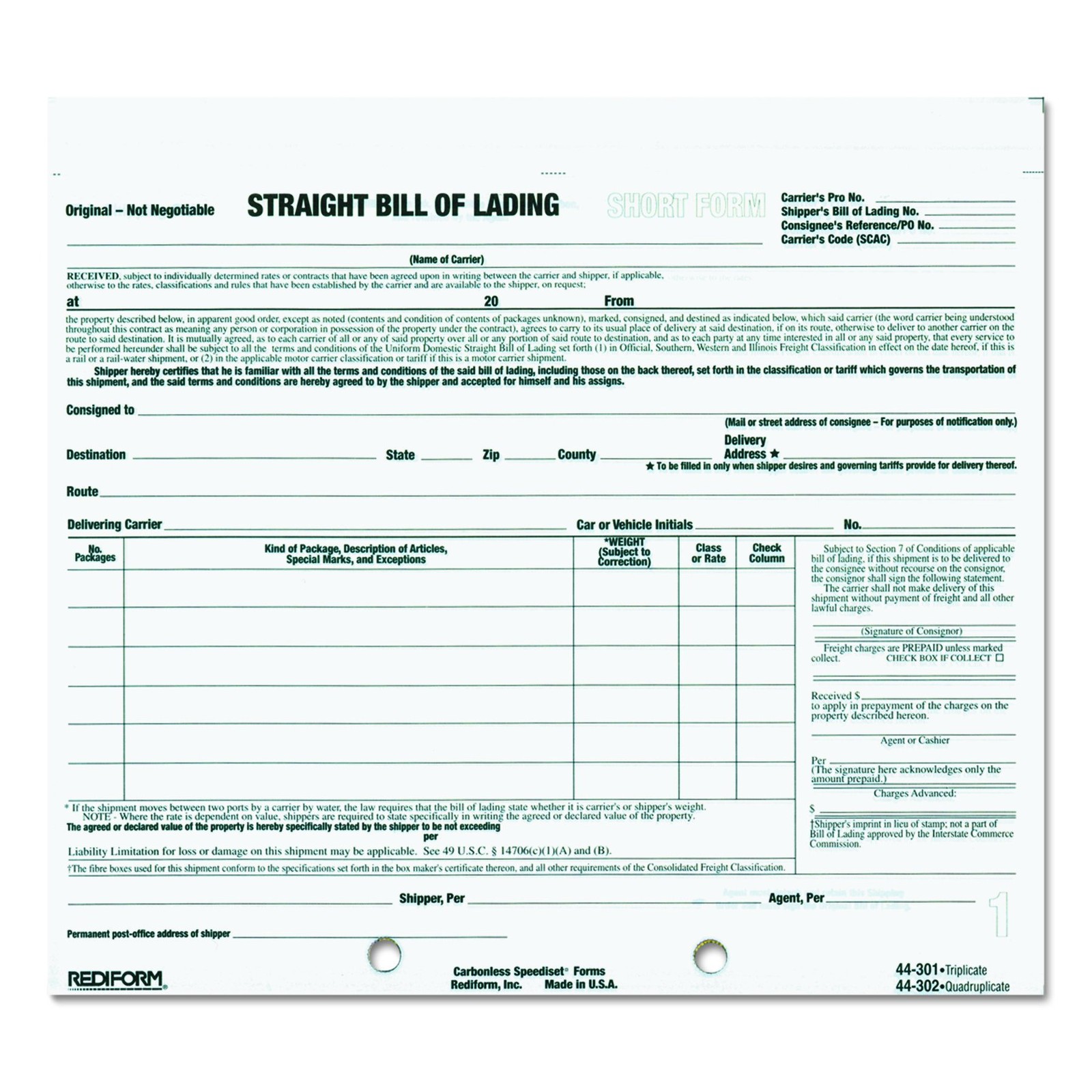 Bill of Lading, Snap-A-Way Design, Carbonless Triplicate Forms, 8.5″ x 7″, 25…