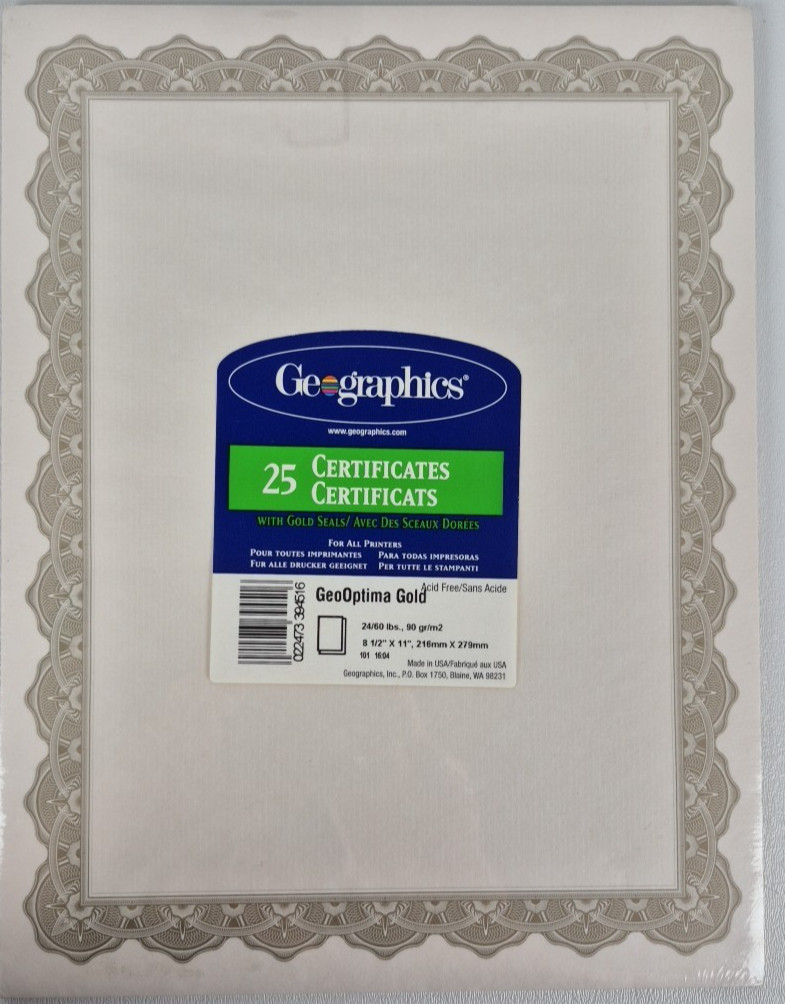 Geographics Acid Free Certificates 8-1/2 x 11 Optima Gold Border 25/Pack
