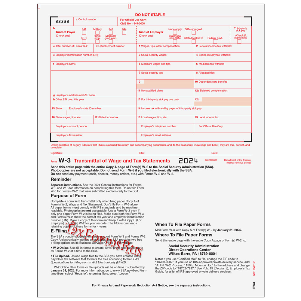 2024 IRS Tax Form W-2 Wage Stmts 50 employees LASER + (6)W3 #W2TRADS605 – NO Env
