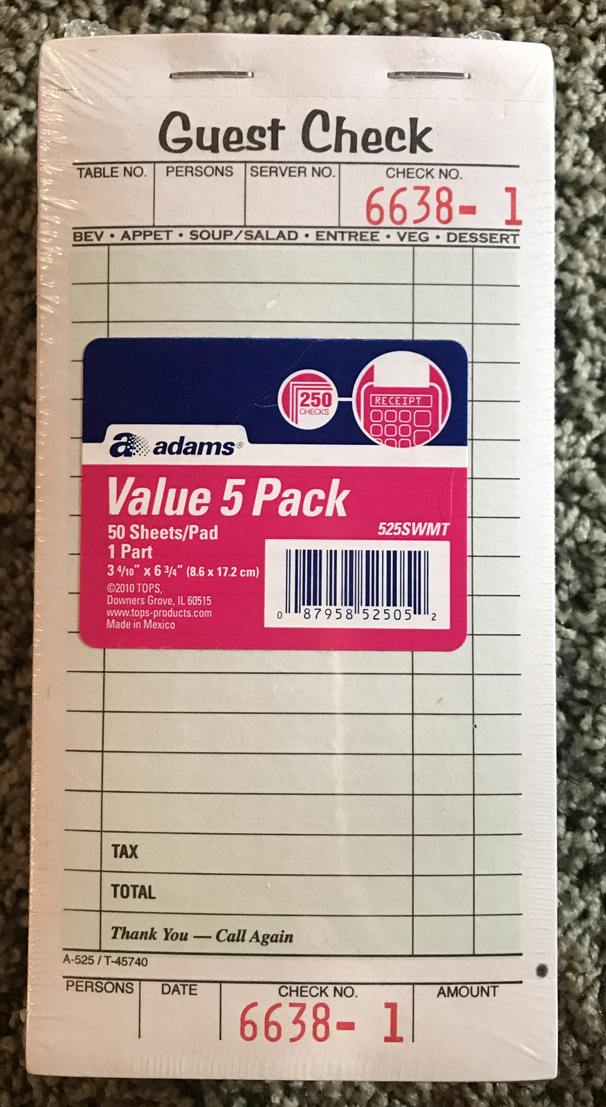 Adams Guest Check Pads, 5 Pack, Perforated, White, 3-2/5″ X 6-3/4″, 525SWMT