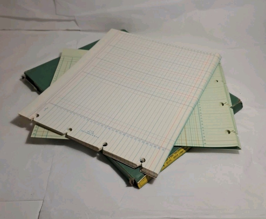 21 Boorum & Pease Green Columnar And 33 S.E.&M. Vernon Inc Ledger Sheets VTG