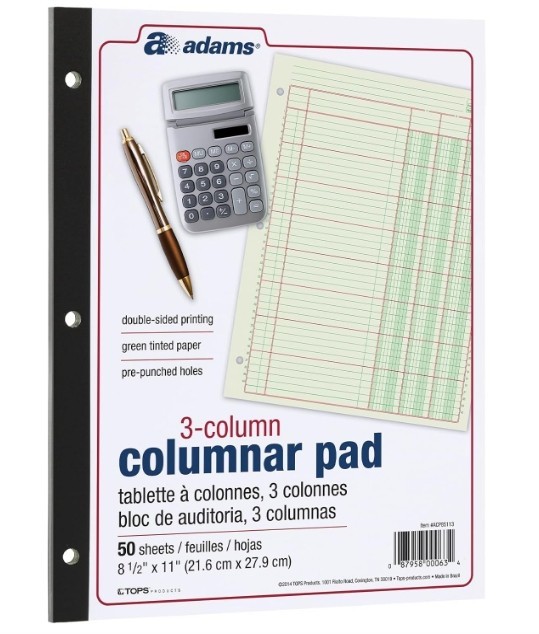 Adams Columnar Analysis Pad 3 Column 8 1/2 X 11 Single Page Format 50 Sheets/pad