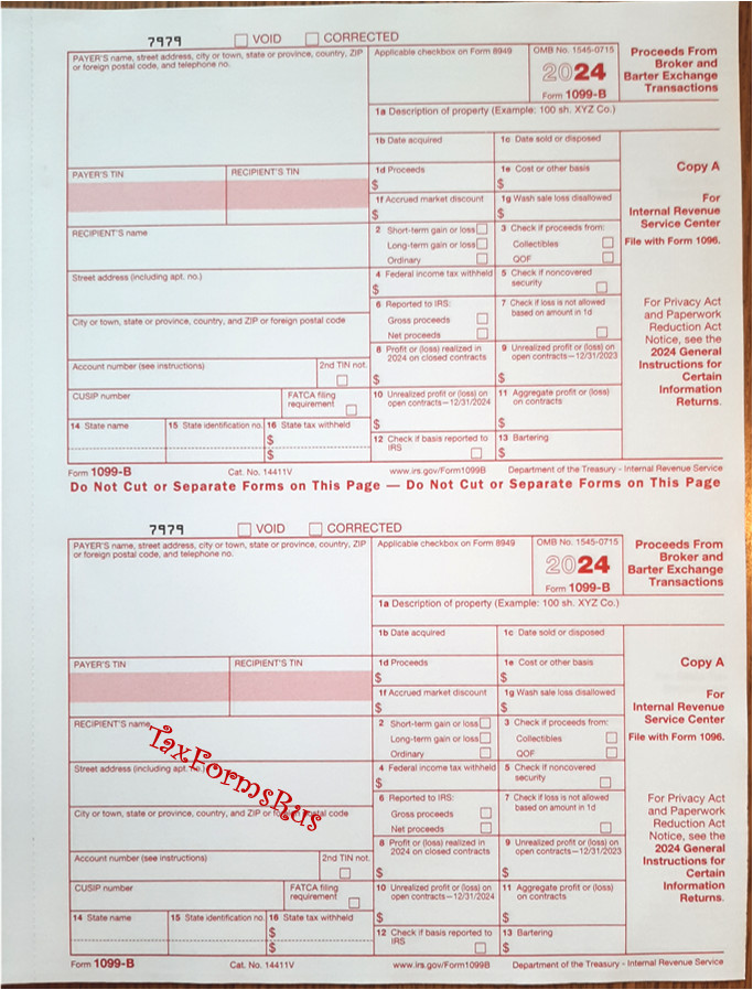 2024 IRS Tax Form 1099-B single sheet set for 2 recipients NONcarbonless 4pt 2up