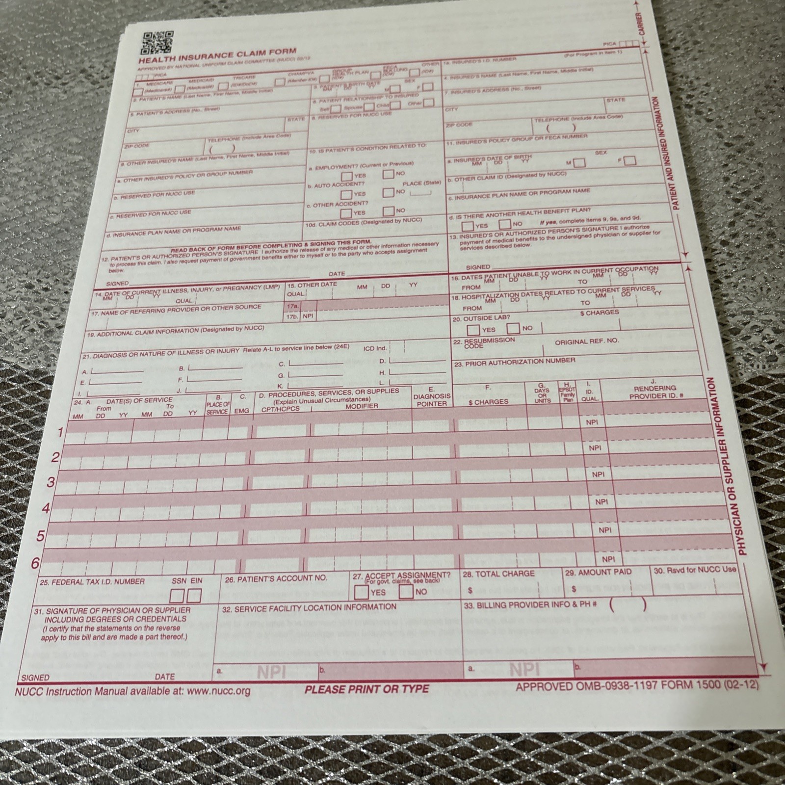 CMS 1500 HCFA Health Insurance Claim Forms (Version 02/12) 500 Forms SEALED NEW