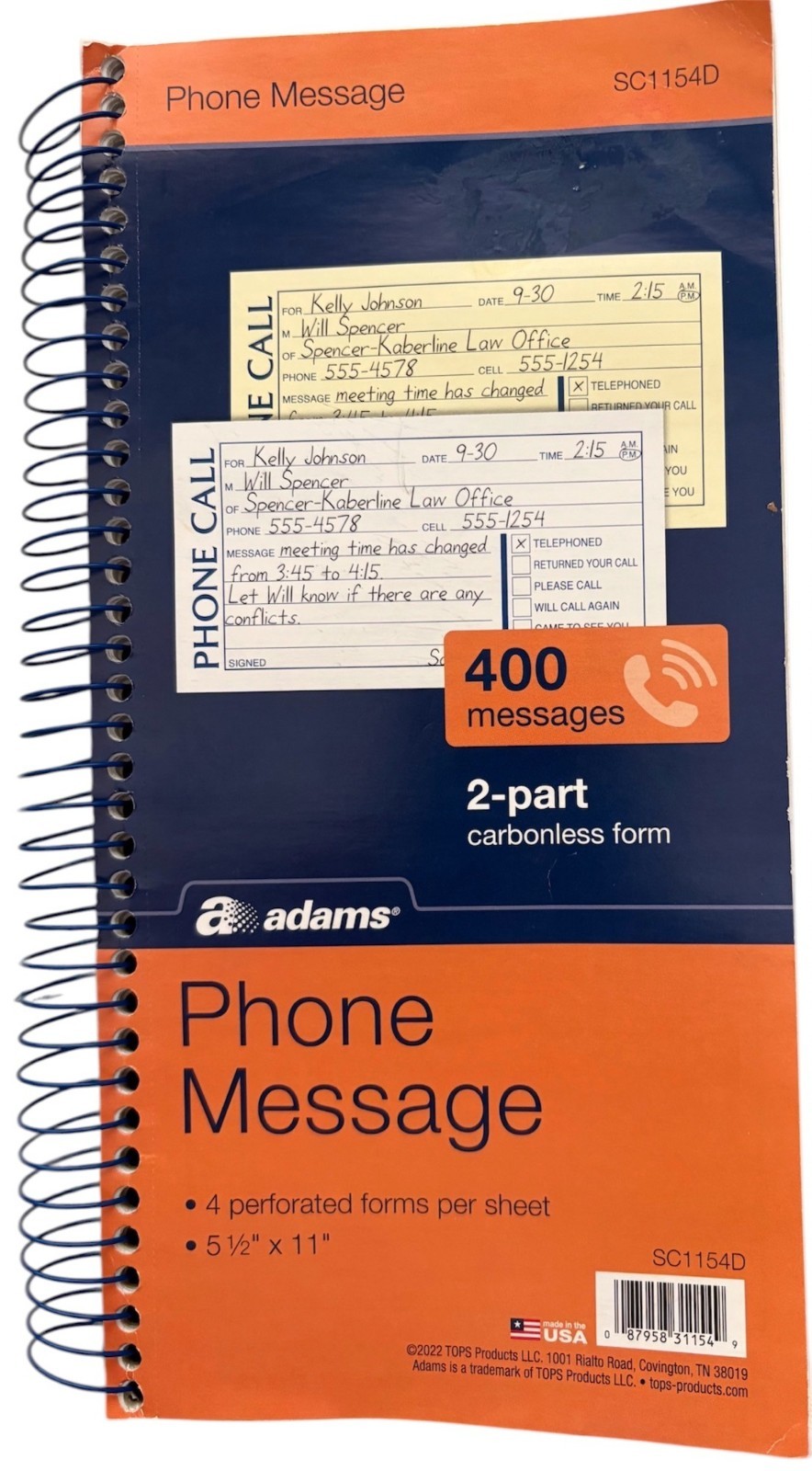 Adams SC1154D Phone Message Book 400 2-Part Carbonless Forms Spiral-Bound