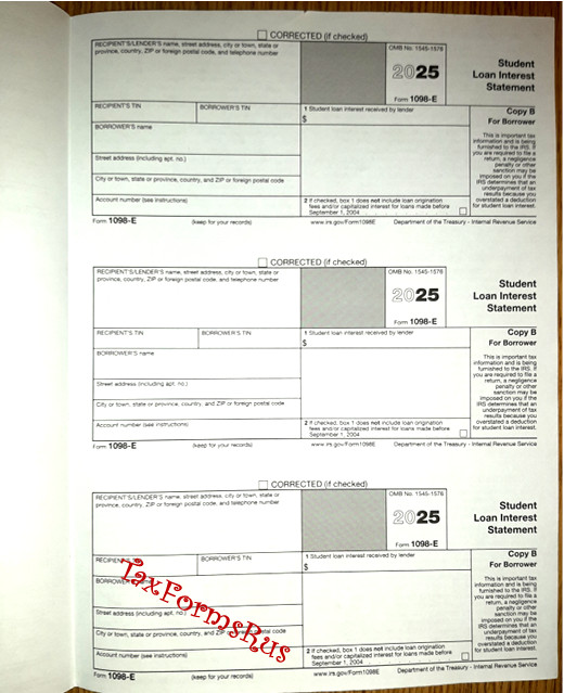 2025 IRS Tax Form 1098-E single sheet set for 3 borrowers, NONcarbonless 2pt 3up