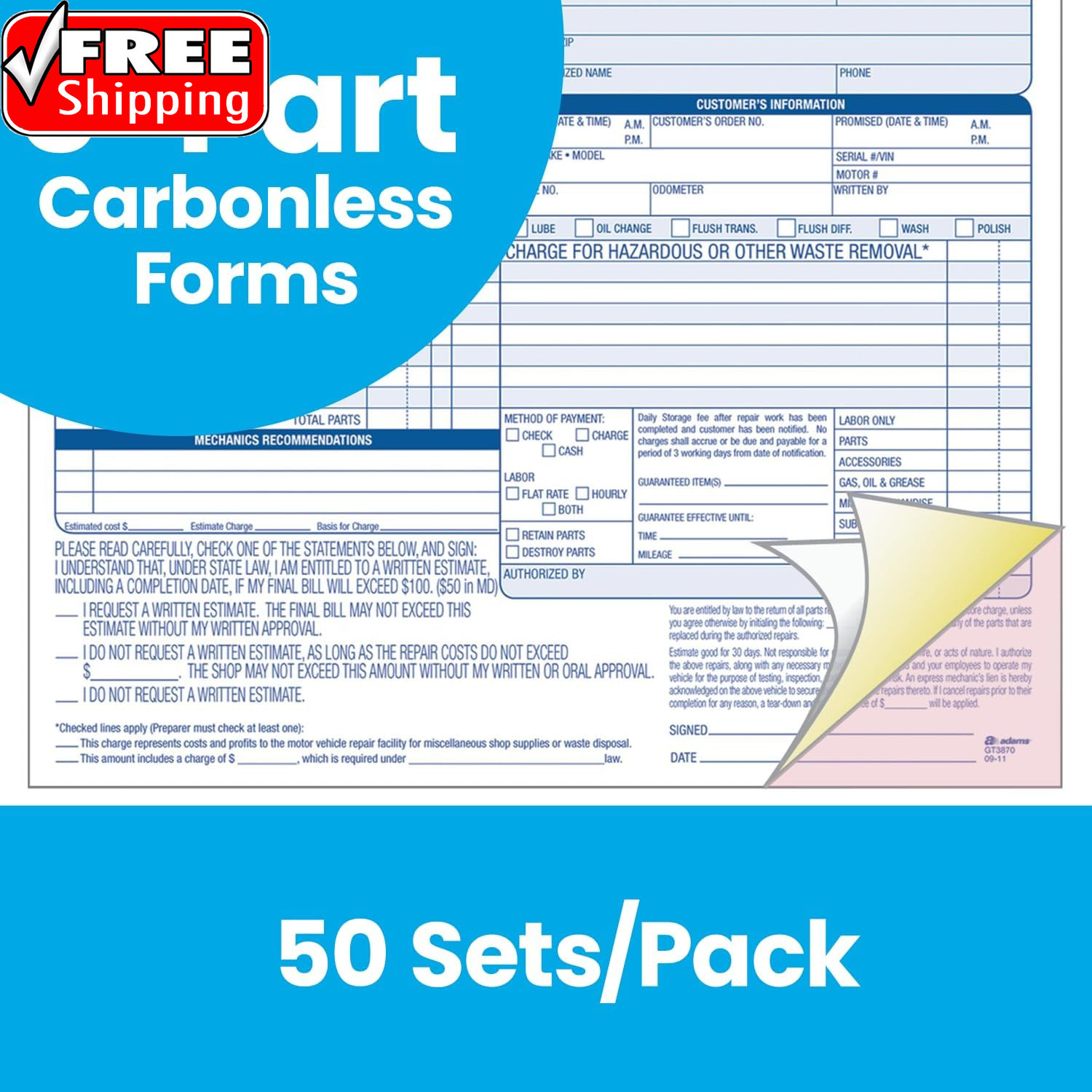 Auto Repair Order Forms, 8.5 X 7.44 Inch, 3-Part, Carbonless, 50-Pack, White and