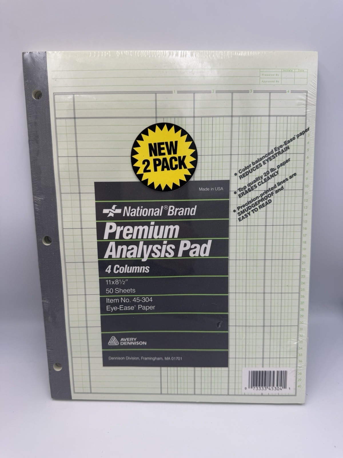 Avery National Brand Premium Analysis Pads 4 Column 11 x 8.5in 45-302 New 2 Pack