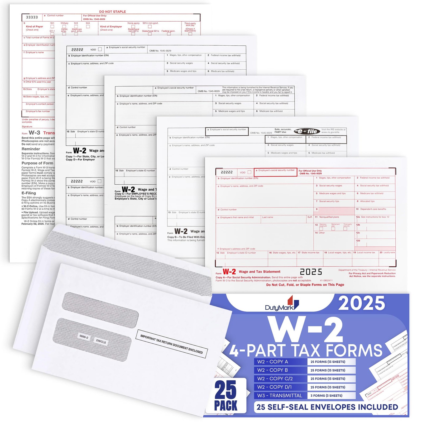 W2 Forms 2025 with Envelopes, 4 Part Kit for 25 Employees 25 With Envelopes