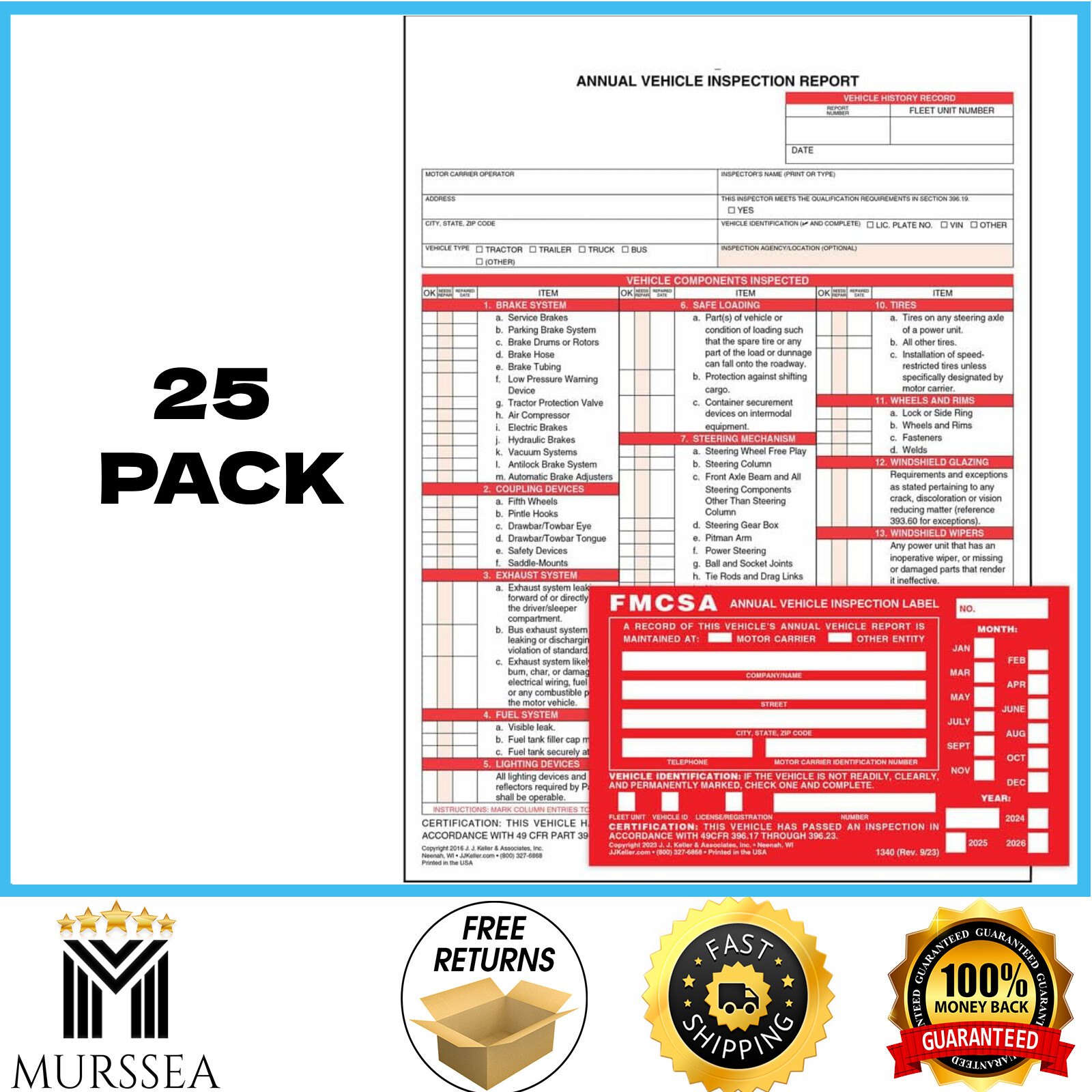 Annual Vehicle Inspection Report Form 25-pack Snap-Out Format, 3-Ply Carbonless