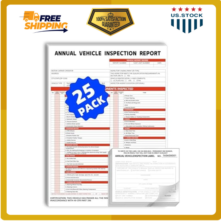 Annual Vehicle Inspection Report Form and Label 25 Pack 3 Layer Inspection Forms