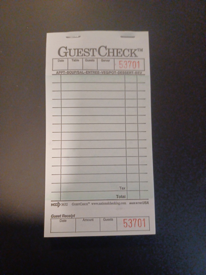 1-Part Guest Check Books w/stubs 3 3/8 x 7, 10 Pads, 500 total checks