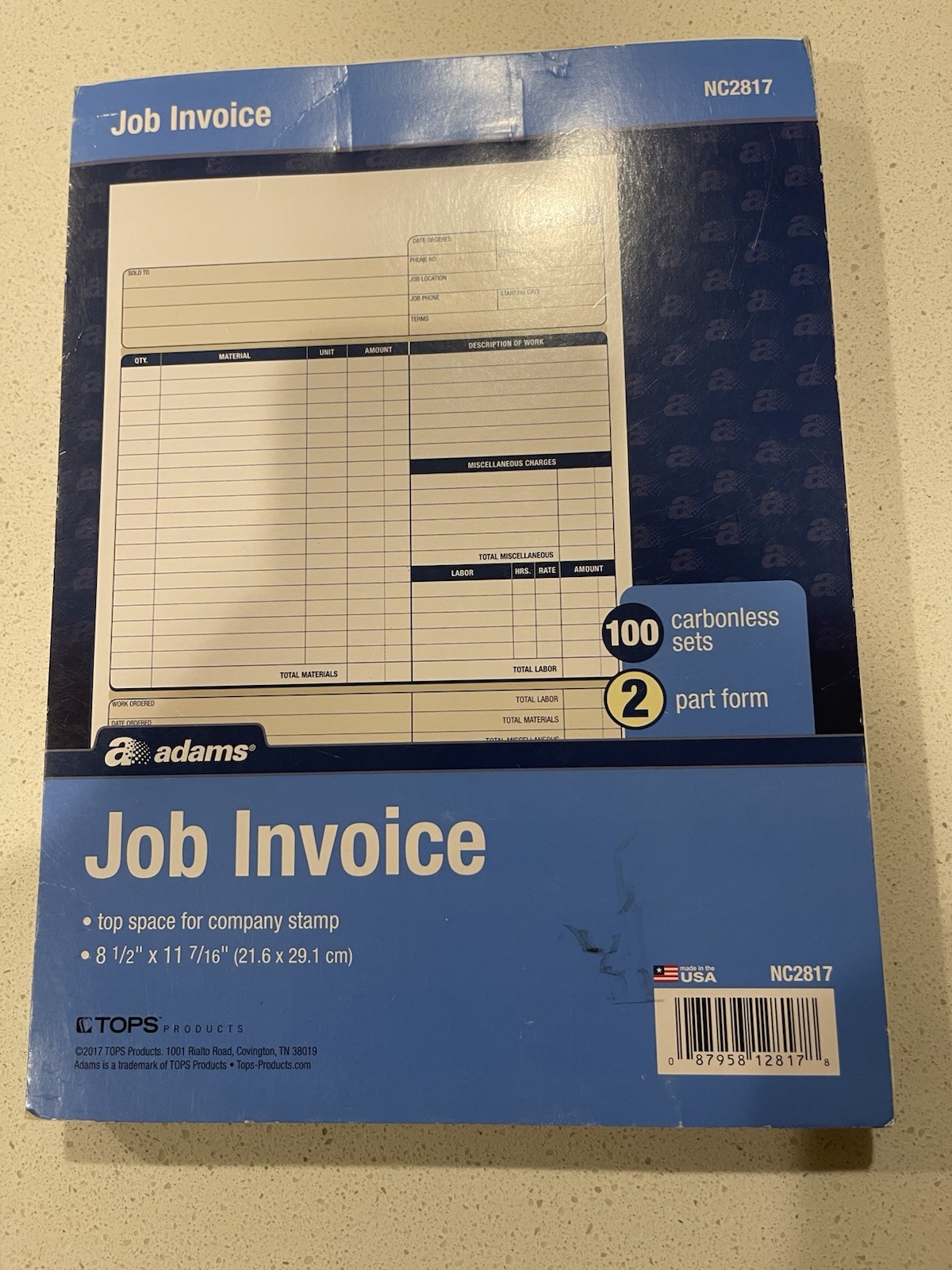 Adams NC2817 Carbonless Job Invoice 2-Part Corbels 100 St./BK