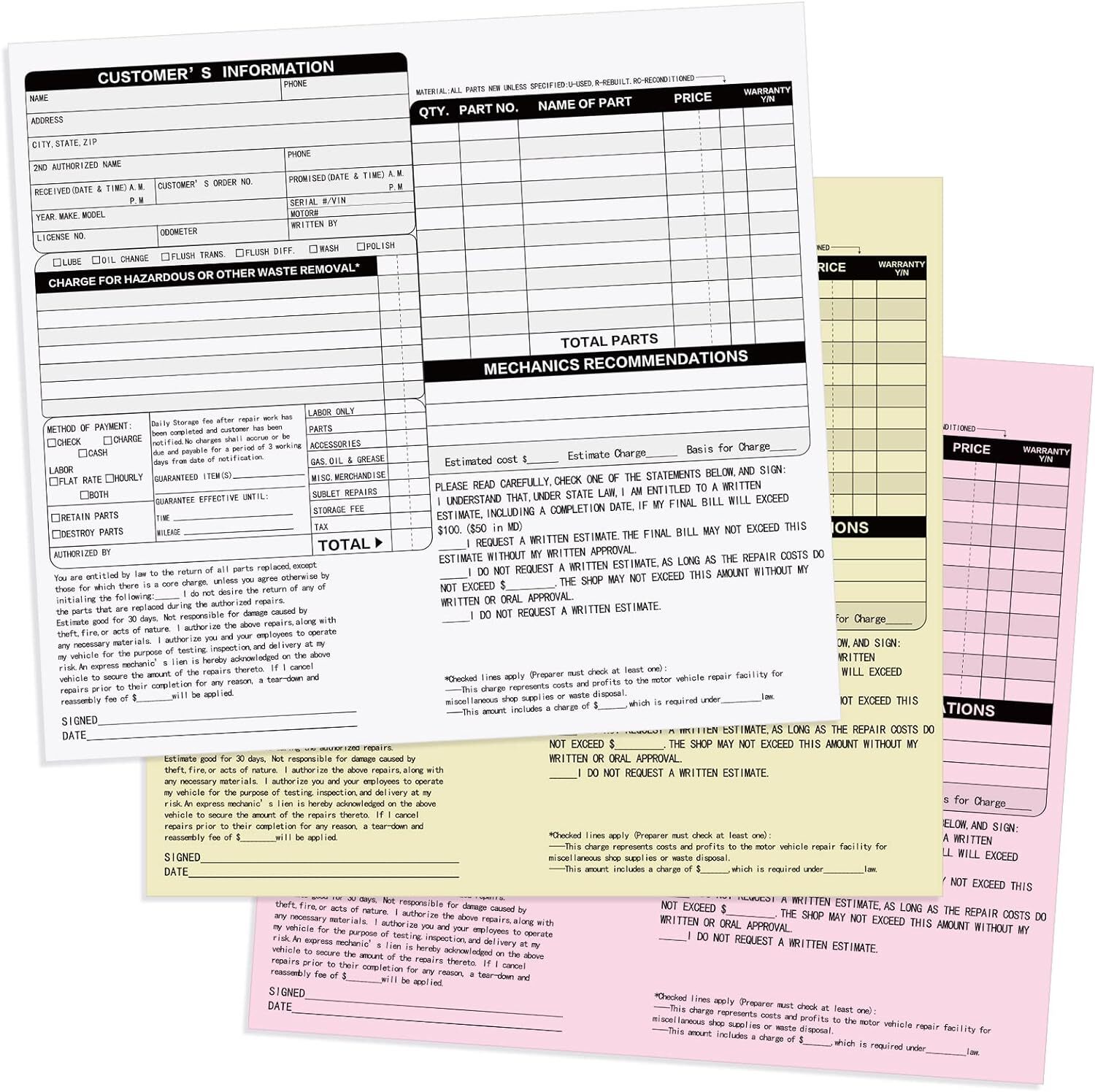 200 Sets Auto Repair Order Forms 3 Part Carbonless Forms with White, Yellow, and