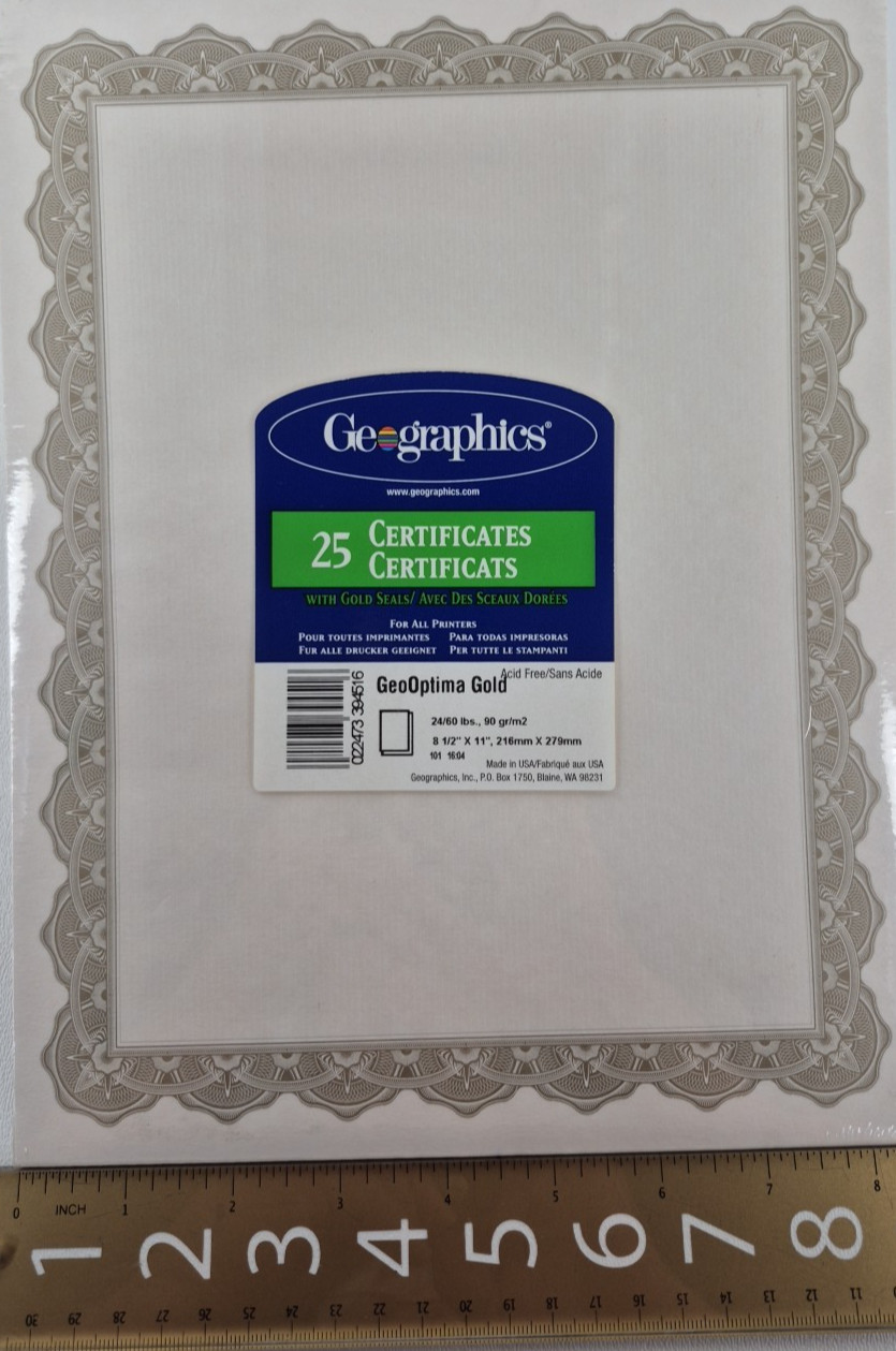 Geographics Acid Free Certificates 8-1/2 x 11 Optima Gold Border 25/Pack