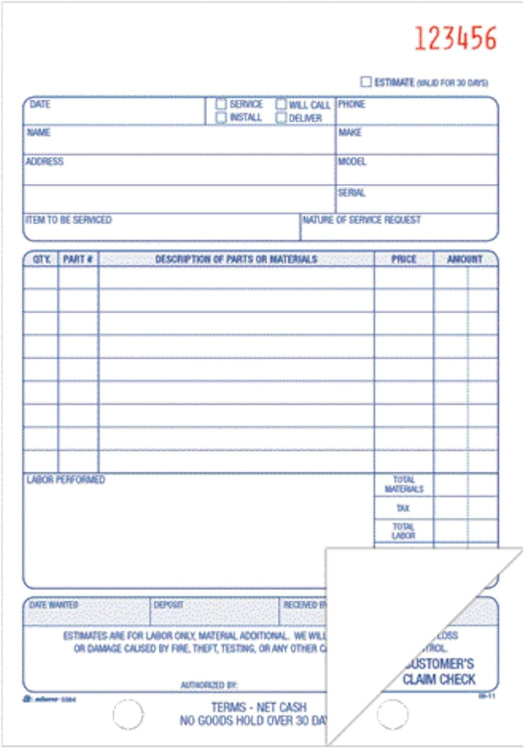 Repair Order Book, Carbonless, 2-Part, White/White, 5-9/16 X 8-7/16 Inches, 50 S