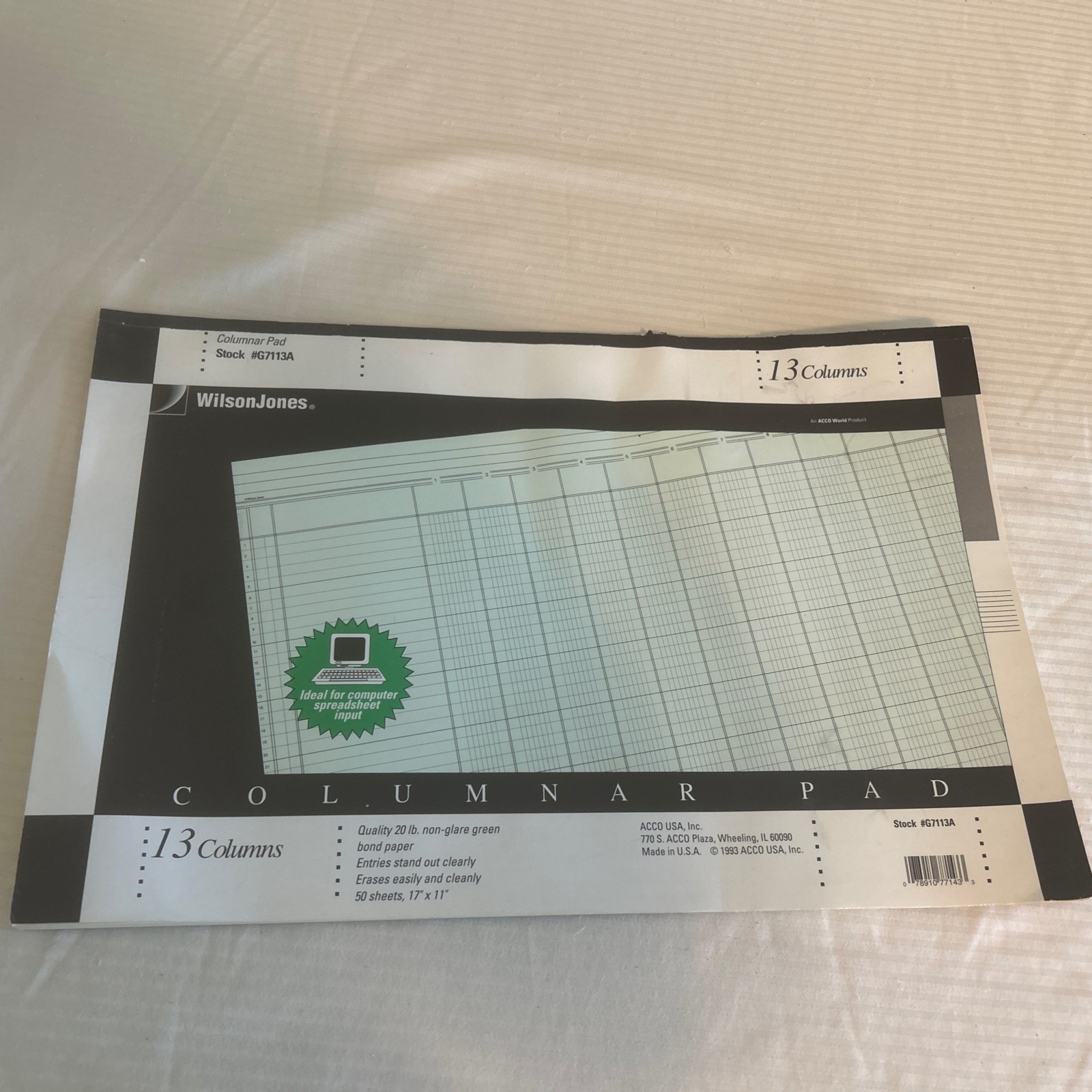 Vintage Wilson Jones Columnar Pad G7113A 13 Columns Green 17 X 11 Used 45 Sheet