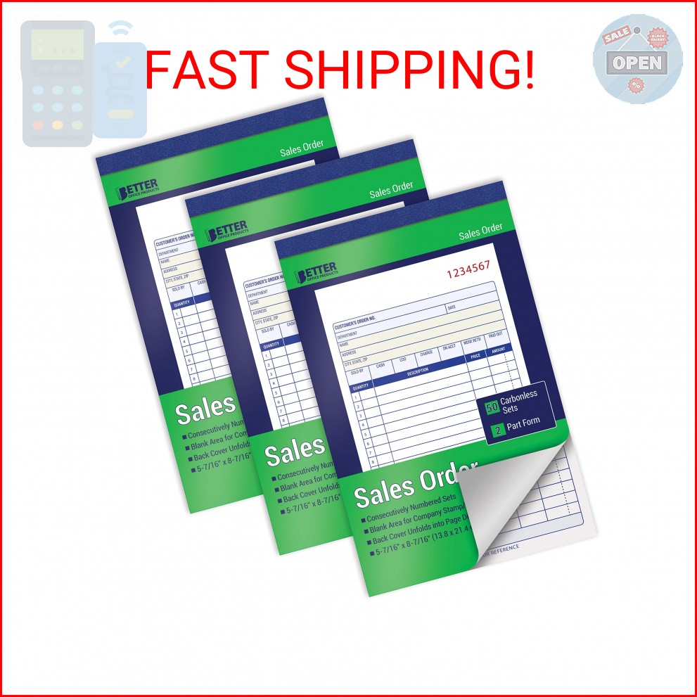 Better Office Products Large Sales Order Books, 3 Pack, 2-Part Carbonless (White