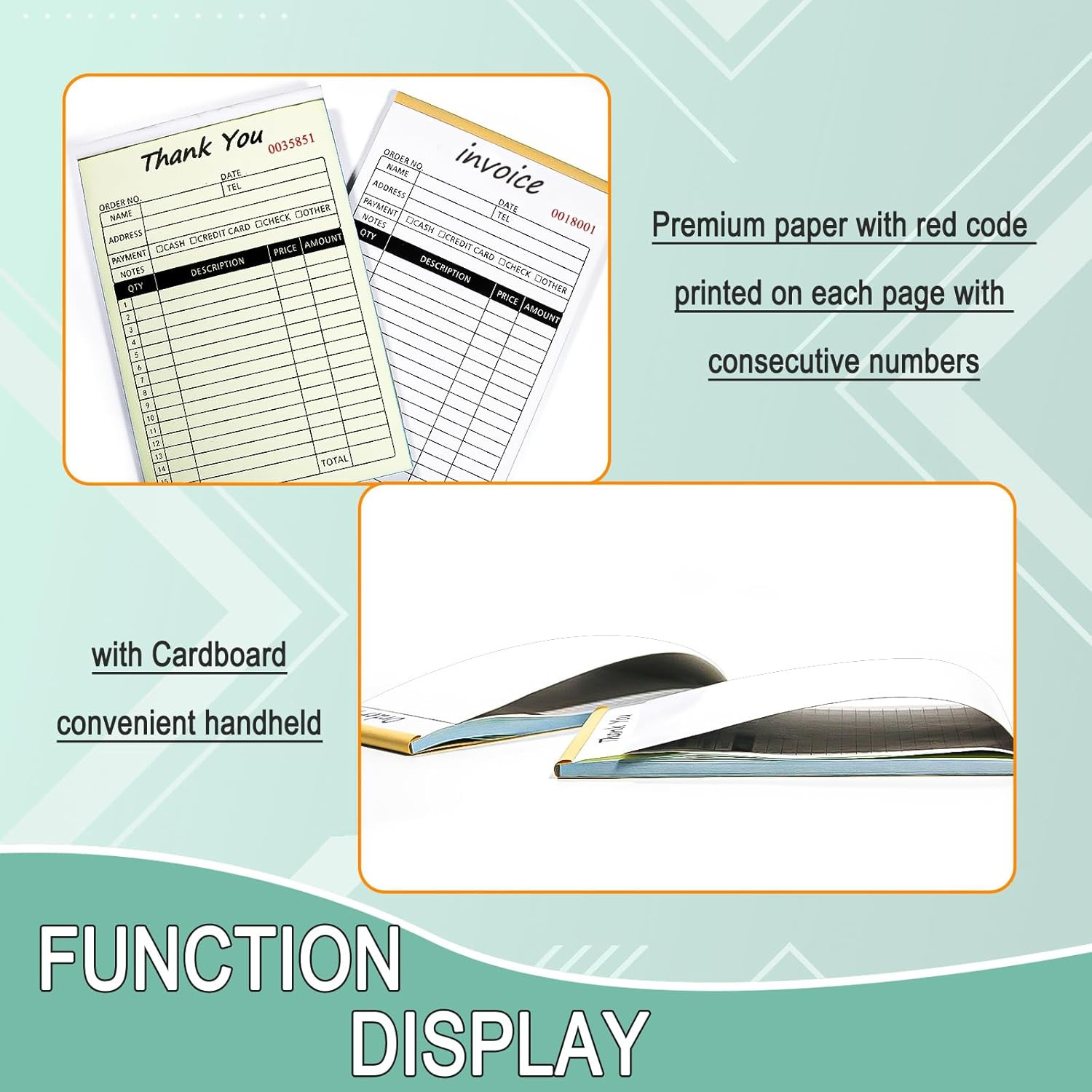 10 Pack Receipt Book, 2-Part Carbonless Sales Invoice Book with Cardboard Copies
